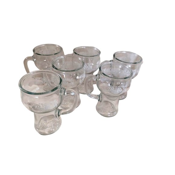 Set of 6 Vtg 1970's Pepsi Cola Clear Glass Mugs Soda Fountain w Handles - Picture 6 of 6
